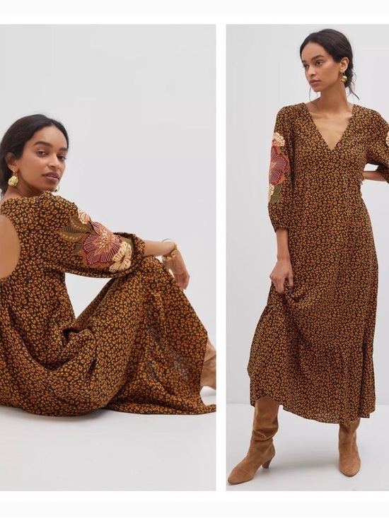 FARM Rio Dresses & Skirts - FARM Rio Brown Floral-Embroidered Sleeve Maxi Dress